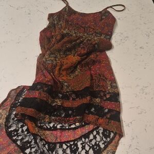 Band of Gypsies Red Floral Maxi Dress with Black Lace Accents-Burgundy & Orange
